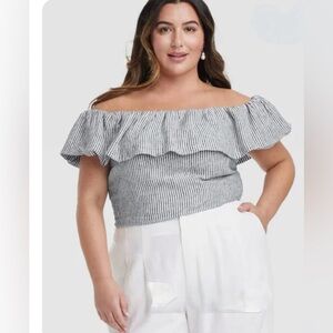 A New Day Women's Slim Fit Ruffle Sleeve striped Linen Blouse nwt